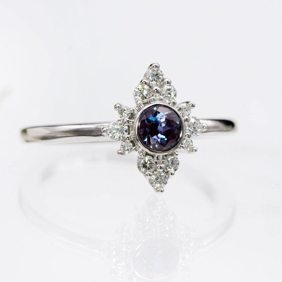 Ava Ring - Petite Lab-grown Alexandrite Engagement Ring with Moissanite or Diamond Halo Ring by Nodeform