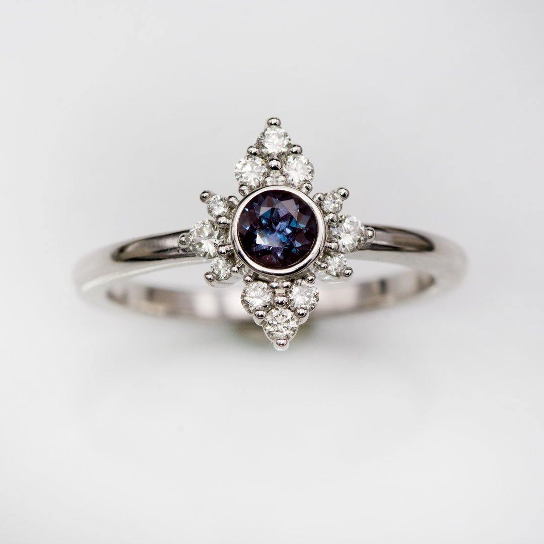 Ava Ring - Petite Lab-grown Alexandrite Engagement Ring with Moissanite or Diamond Halo Forever One Moissanite Halo / 14k Nickel White Gold (Not Rhodium Plated) Ring by Nodeform