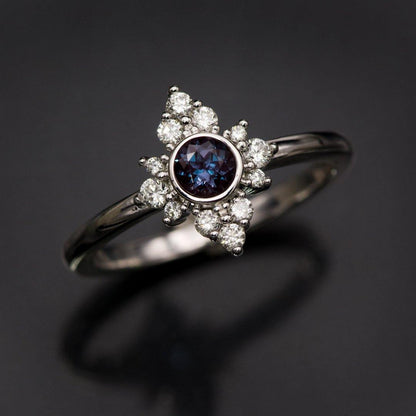 Ava Ring - Petite Lab-grown Alexandrite Engagement Ring with Moissanite or Diamond Halo Ring by Nodeform