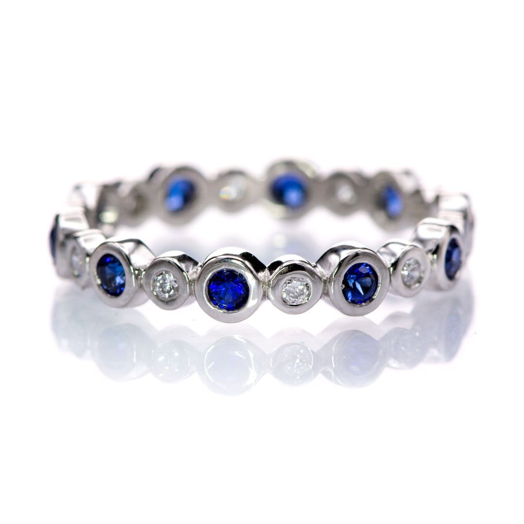 Bree Anniversary Band - Bezel Set Lab Created Diamond & Blue Sapphire Eternity Stacking Ring Wedding Band 14k Nickle White Gold (Rhodium Plated) Ring by Nodeform