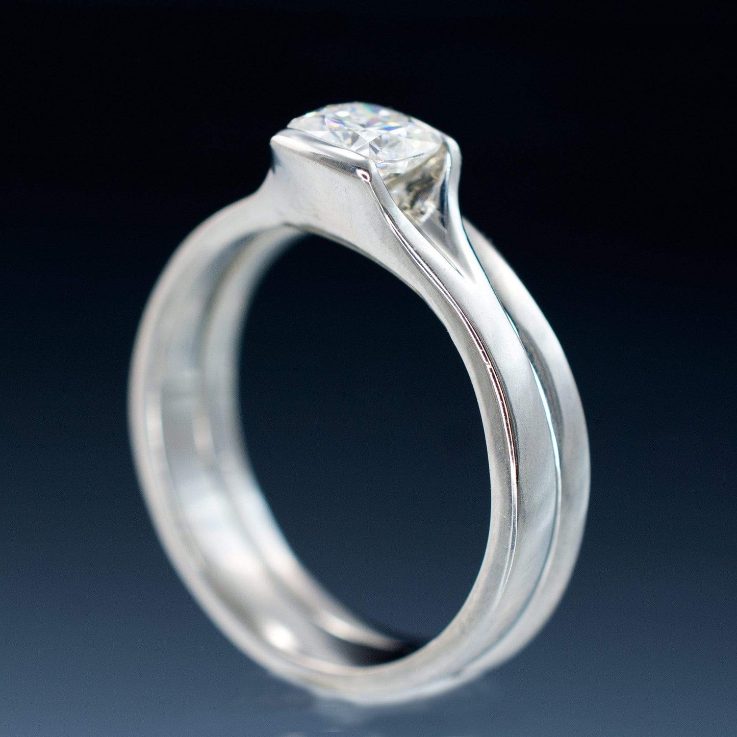Bridal Set Cushion Cut Moissanite Fold Semi-Bezel Set Solitaire Engagement Ring & Wedding Band Ring by Nodeform