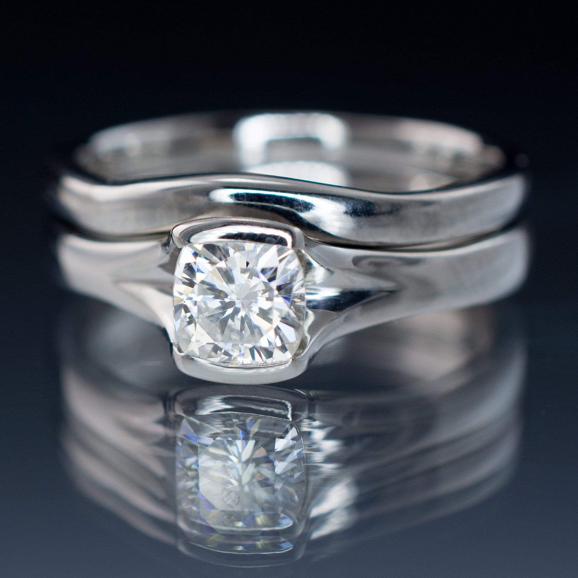 Bridal Set Cushion Cut Moissanite Fold Semi-Bezel Set Solitaire Engagement Ring & Wedding Band Ring by Nodeform