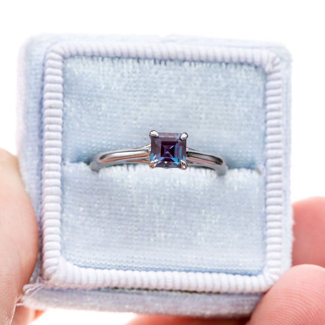 Square Emerald Cut Lab Alexandrite Cathryn Ring - Prong Set Platinum Solitaire Engagement Ring, Ready to ship Ring Ready To Ship by Nodeform