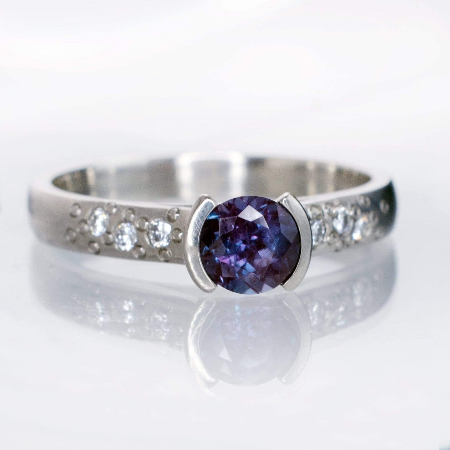 Alexandrite Half Bezel Diamond Star Dust Engagement Ring 5.5mm/~0.78ct Alexandrite / 18kPD White Gold Ring by Nodeform
