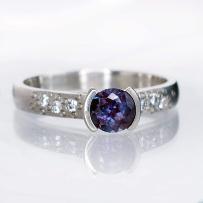 Alexandrite Half Bezel Diamond Star Dust Engagement Ring 5.5mm/~0.78ct Alexandrite / 18kPD White Gold Ring by Nodeform
