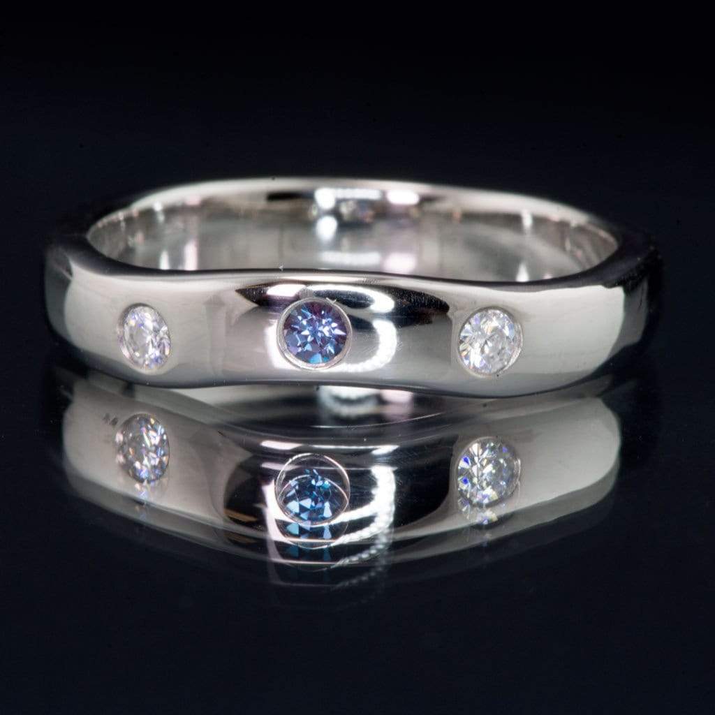 Moissanite and Alexandrite Fitted Contoured Wedding Ring Shadow Band 14kPD White Gold Ring by Nodeform