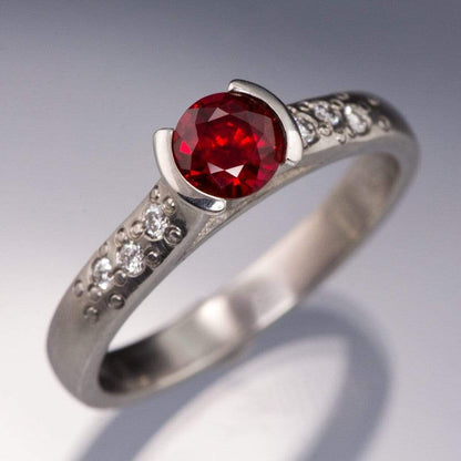 Ruby Half Bezel Diamond Star Dust Engagement Ring 5mm/~0.65ct Ruby / 18kPD White Gold Ring by Nodeform