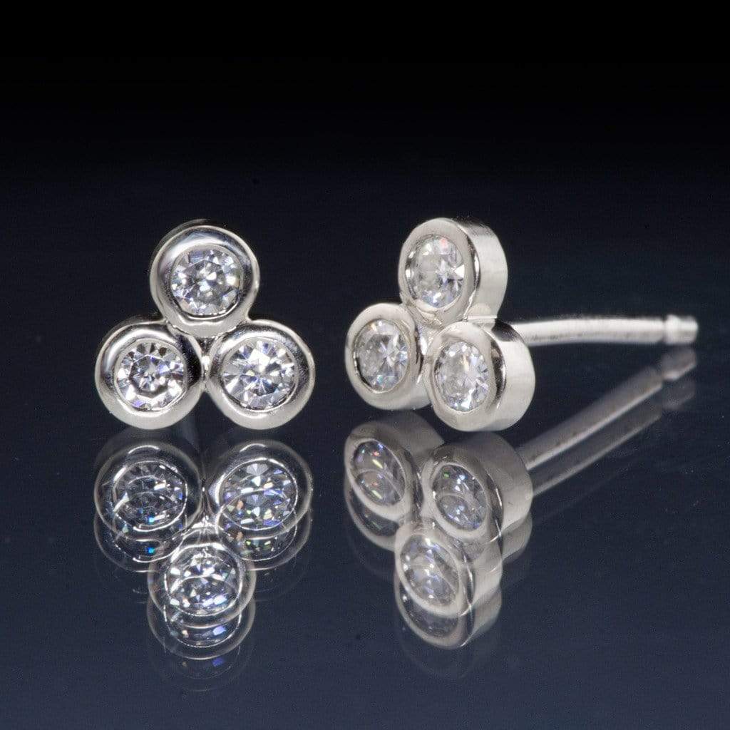 Tiny Three Moissanite Trio Bezel Cluster Stud White Gold Earrings, Ready To Ship Earrings by Nodeform