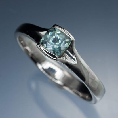 Cushion Fair Trade Teal Green Blue Sapphire Fold Solitaire Engagement Ring F1 Faceted 5mm Teal Green / 14kPD White Gold Ring by Nodeform