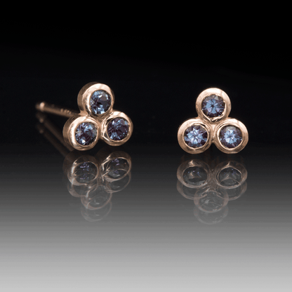 Lab-Grown Alexandrite Trio Bezel Cluster Stud Earrings 14k Rose Gold Earrings by Nodeform