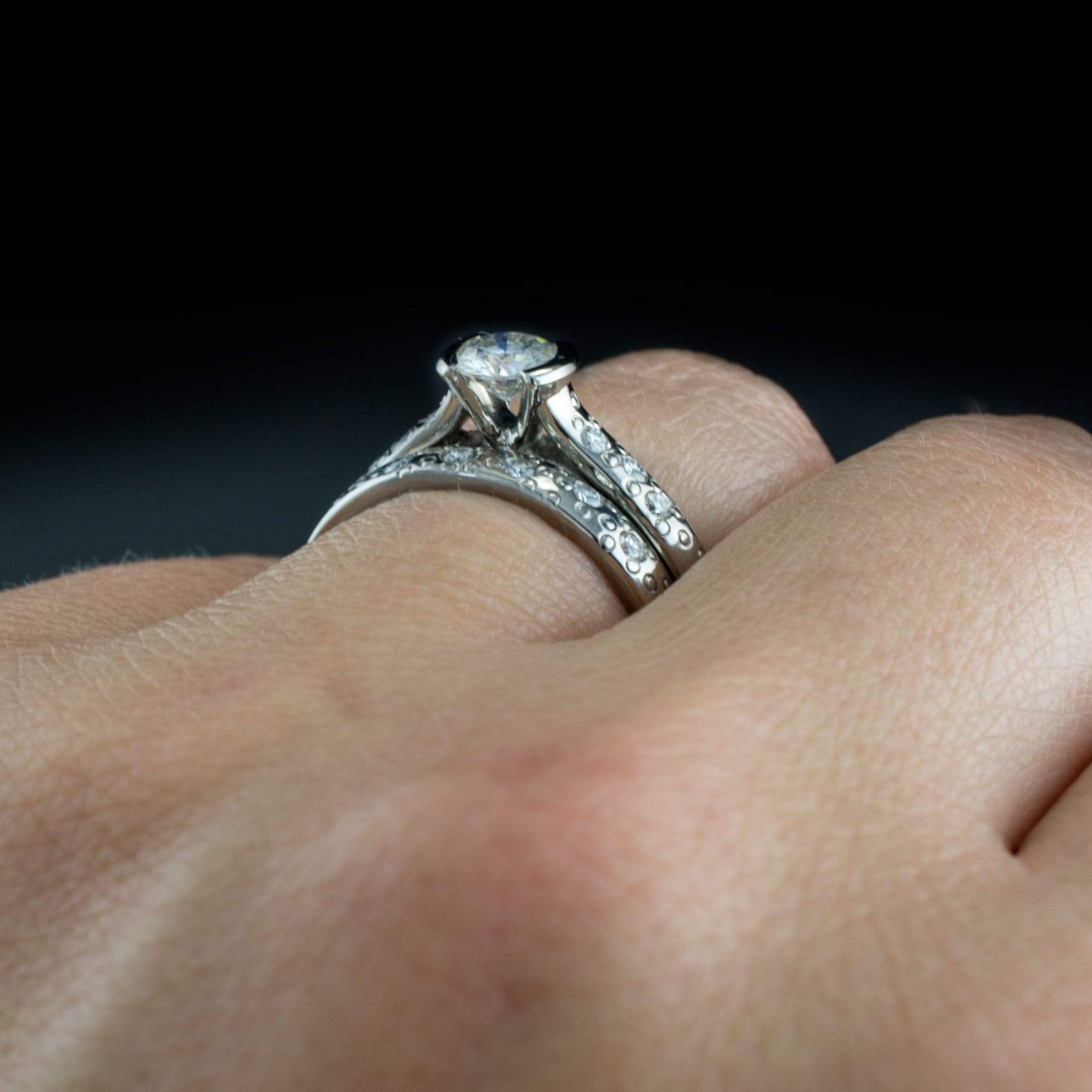 Bridal Set Round Moissanite Half Bezel Star Dust Engagement Ring and Wedding Band Ring by Nodeform