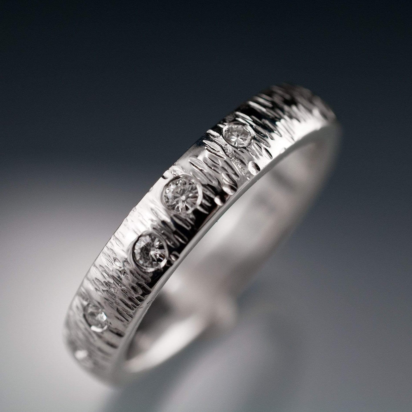 Textured Wedding Bands with Hammered Texture and Flush Set Moissanites Ring by Nodeform