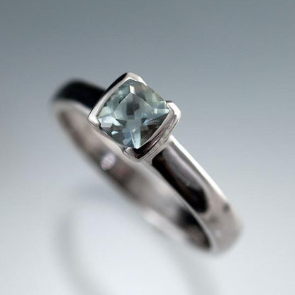Cushion Teal Green/Blue Fair Trade Sapphire Half Bezel Solitaire Engagement Ring Ring by Nodeform