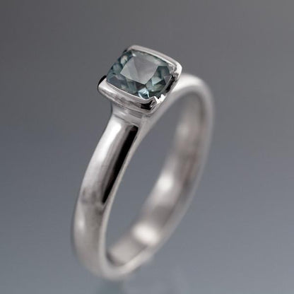 Cushion Teal Green/Blue Fair Trade Sapphire Half Bezel Solitaire Engagement Ring Ring by Nodeform