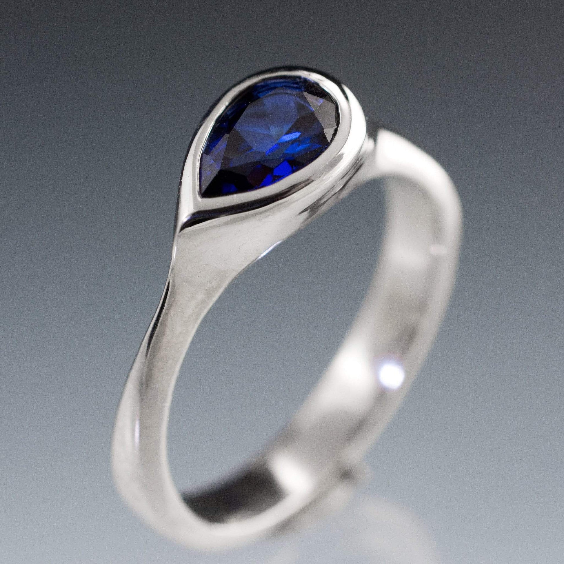 Pear Genuine Blue Sapphire Tear Drop Bezel Solitaire Engagement Ring Ring by Nodeform