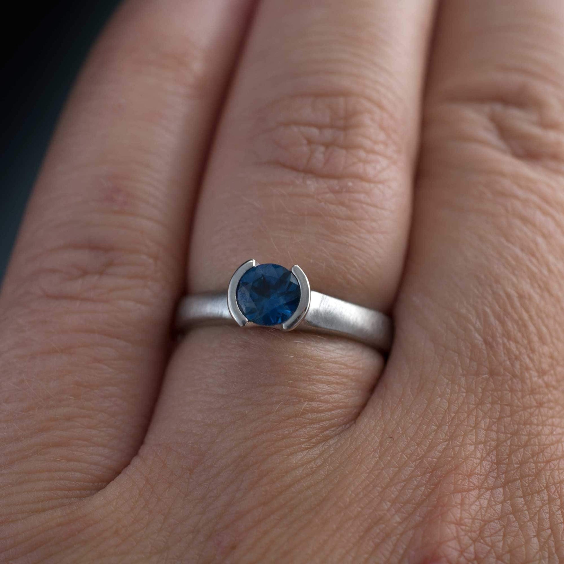 Round Fair Trade Blue Teal Blue Malawi Sapphire Half Bezel Solitaire Engagement Ring Ring by Nodeform