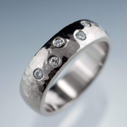 Hammered  Random Moissanite Flush Set Wedding Ring Sterling Silver / 3mm Ring by Nodeform