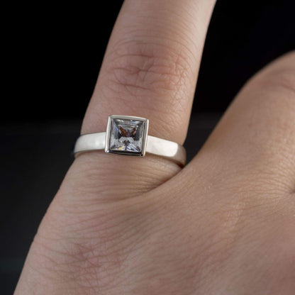 Princess Cut White Sapphire Bezel Solitaire Engagement Ring Ring by Nodeform