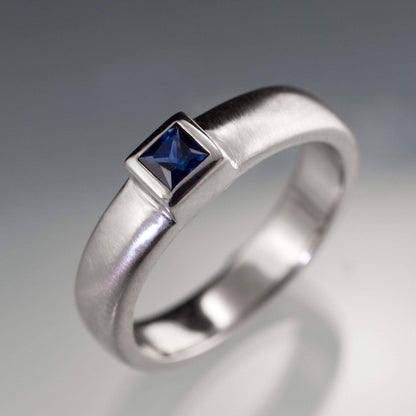 Princess Cut Blue Sapphire Modern Bezel Set Wedding or Solitaire Ring B Grade Princess Cut / 14kPD White Gold Ring by Nodeform