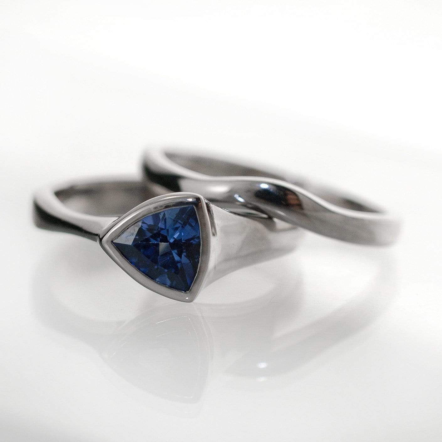 Tetra Bridal Set Trillion Lab Created Blue Sapphire Bezel Engagement Ring and Wedding Band Ring by Nodeform