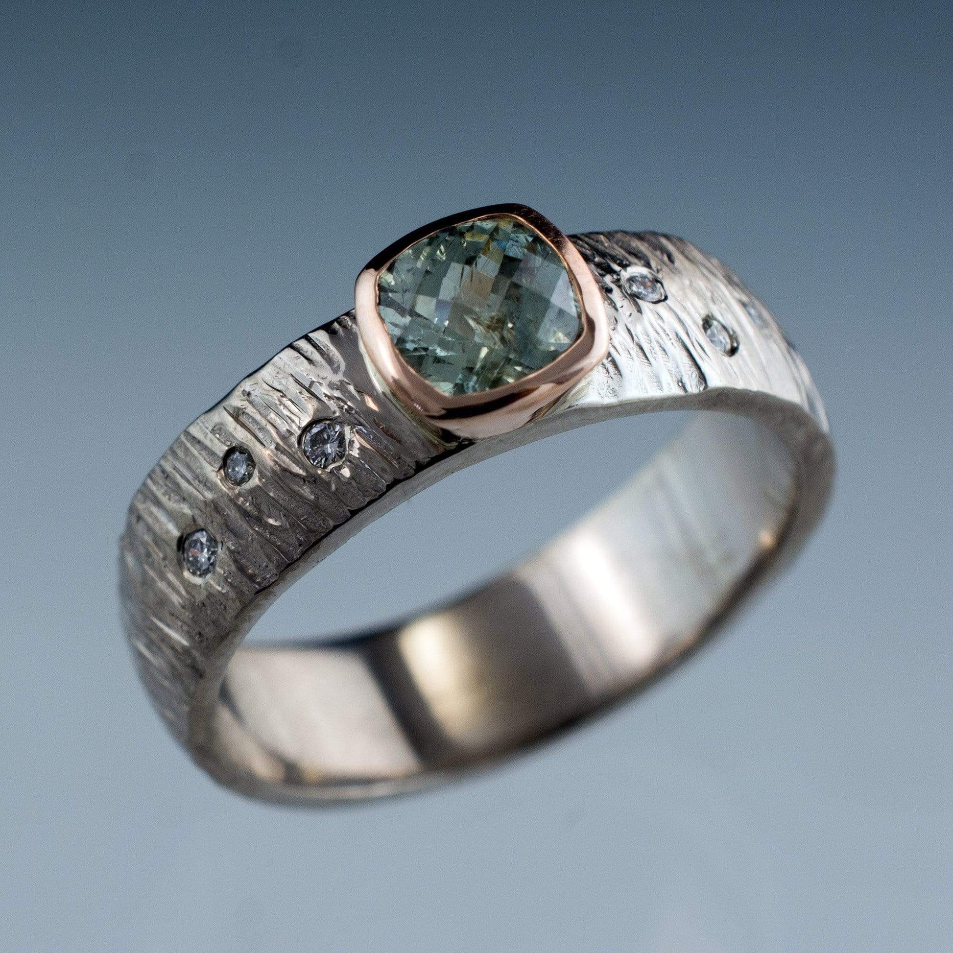 Textured Engagement Ring with Fair Trade Green Cushion Cut Sapphire & Diamonds Accents Ring by Nodeform