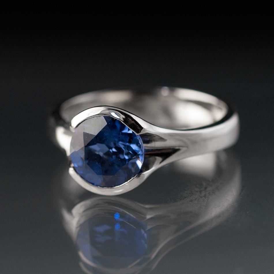 Lab Created Round Blue Sapphire Fold Solitaire Engagement Ring Sterling Silver / 7mm / Dark Blue Ring by Nodeform