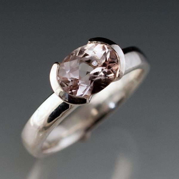 Oval Morganite Half Bezel Solitaire Engagement Ring 8x6mm/1.1ct Light Peach, B Grade / 18kPD White Gold Ring by Nodeform