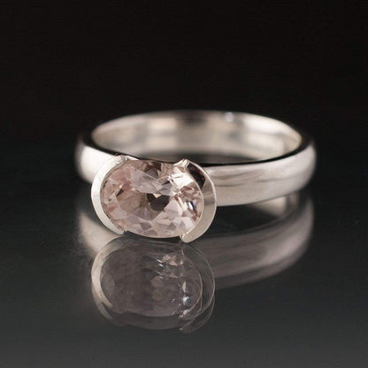 Oval Morganite Half Bezel Solitaire Engagement Ring 8x6mm/1.25ct Peach, A Grade / 18kPD White Gold Ring by Nodeform