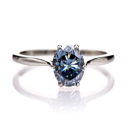 Dahlia Solitaire - Oval Blue Moissanite 6-Prong 14k White Gold Engagement Ring, size 4 to 9 Dahlia Ring Ring Ready To Ship by Nodeform