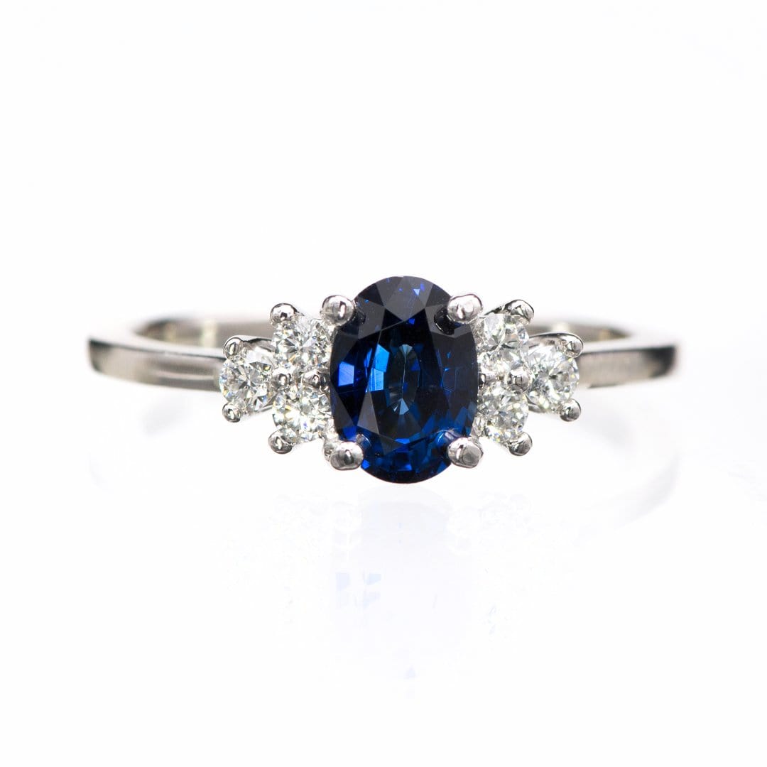 Ellie Ring- Oval Blue Sapphire Prong Set Accented Engagement Ring 7x5mm/~1ct Oval Lab-grown Blue Sapphire / Moissanite Accents / 14k Nickel White Gold Ring by Nodeform