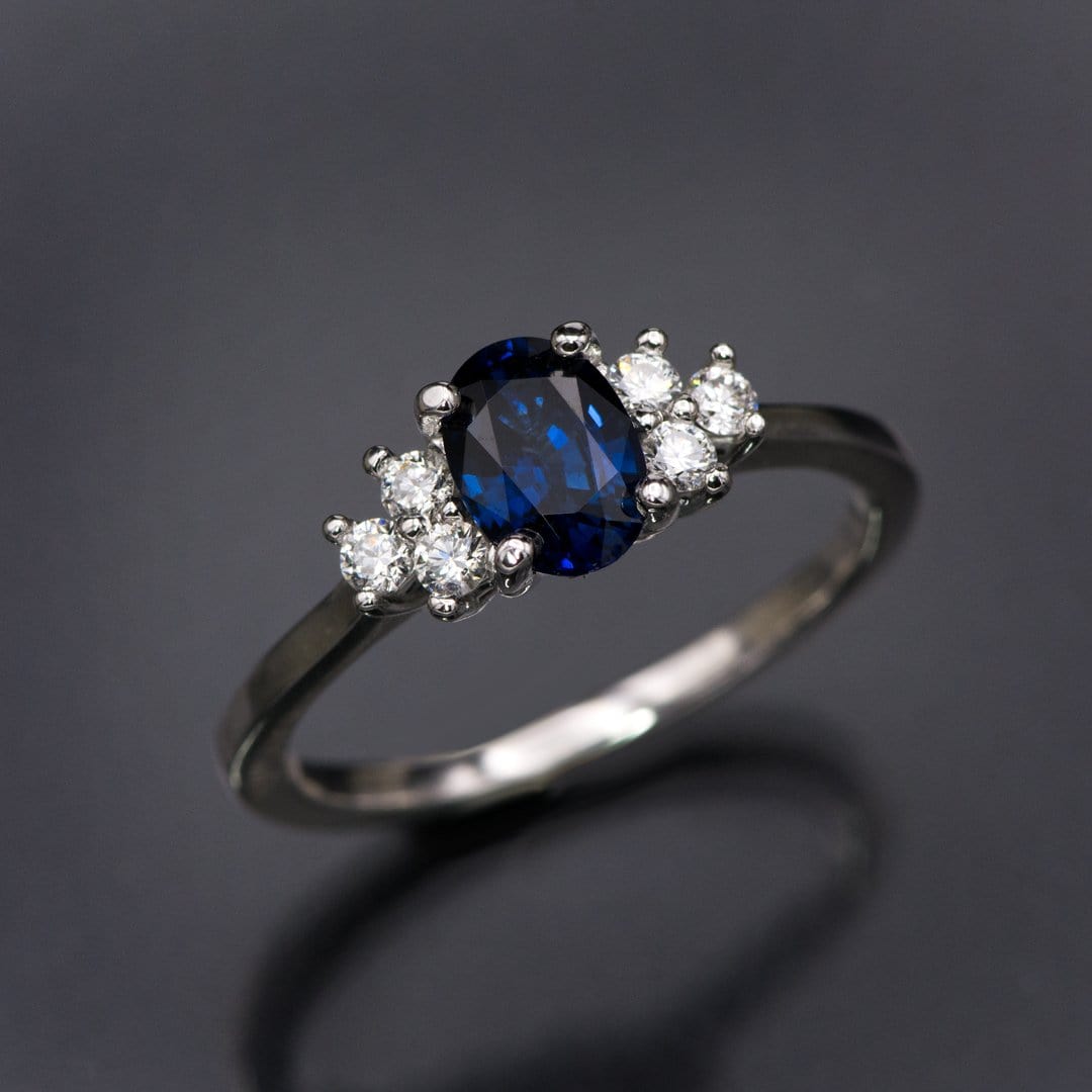 Ellie Ring- Oval Blue Sapphire Prong Set Accented Engagement Ring Ring by Nodeform