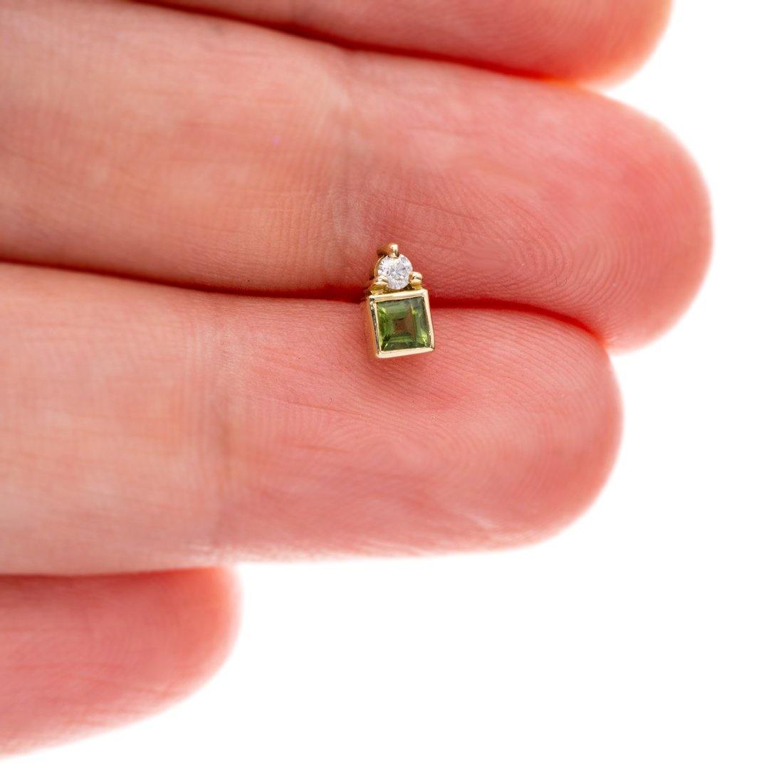 Green Square Sapphire & Moissanite Cluster 14k Yellow Gold Stud Earring (Single), {Ready to Ship} Earrings by Nodeform