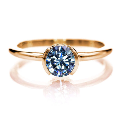 Helen Solitaire - Round Blue Moissanite Half Bezel Engagement Ring 14k Rose Gold Ring by Nodeform