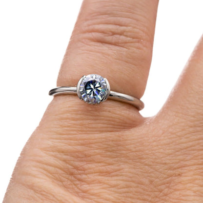 Helen Solitaire - Round Blue Moissanite Half Bezel 14k White Gold Engagement Ring, size 4 to 9 Helen Ring Ring Ready To Ship by Nodeform