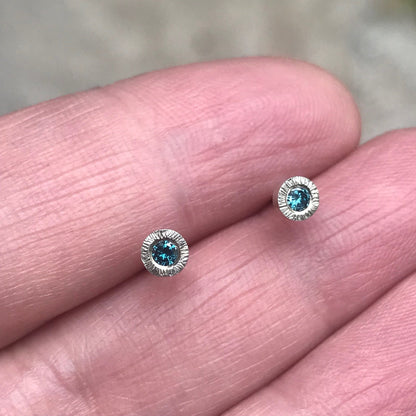 Teal Blue Diamond Tiny Textured Sterling Silver Stud Earrings Sterling Silver Earrings by Nodeform