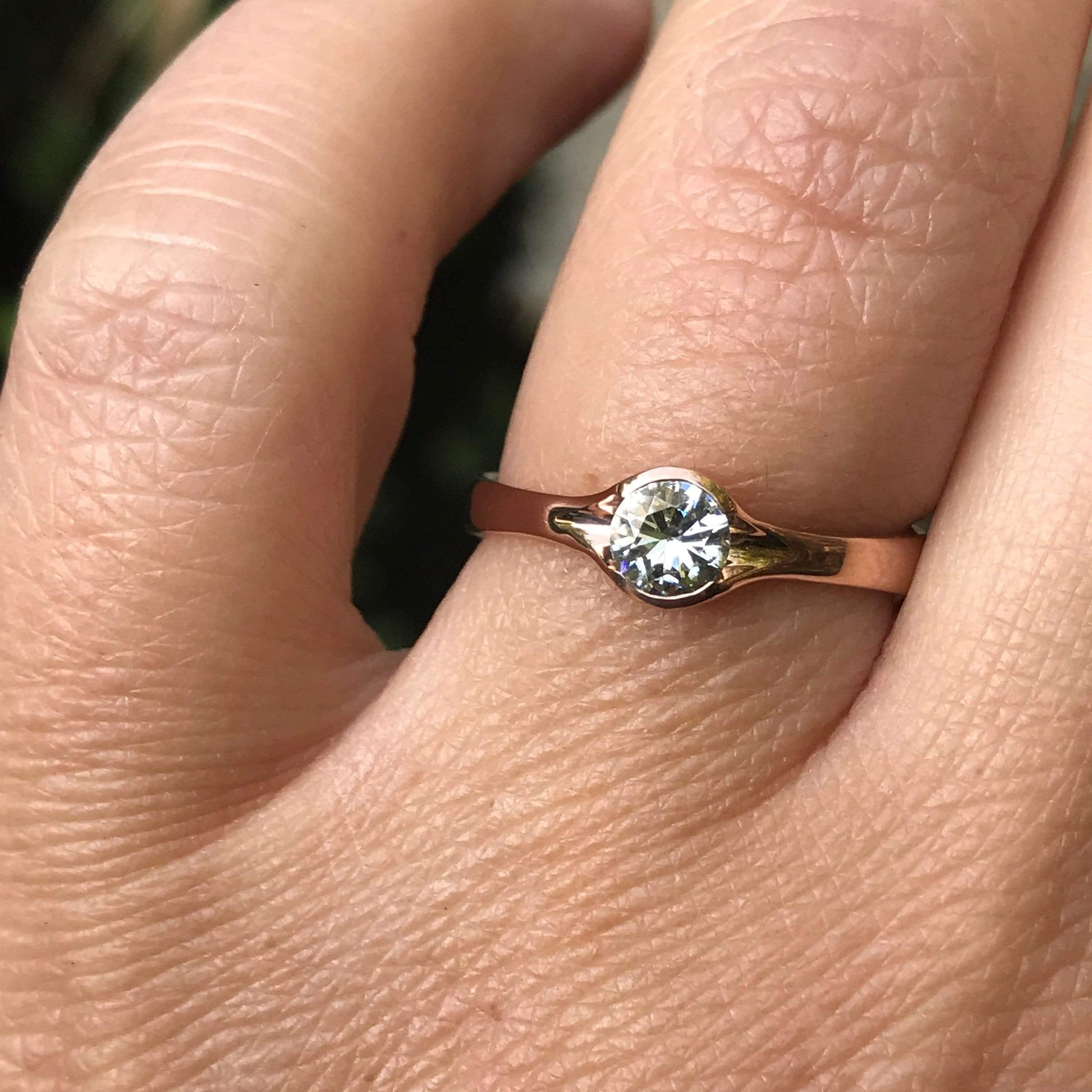 Round Light Gray Moissanite Half Bezel Fold Solitaire Rose Gold Engagement Ring, Ready to Ship 14k Rose Gold Ring Ready To Ship by Nodeform