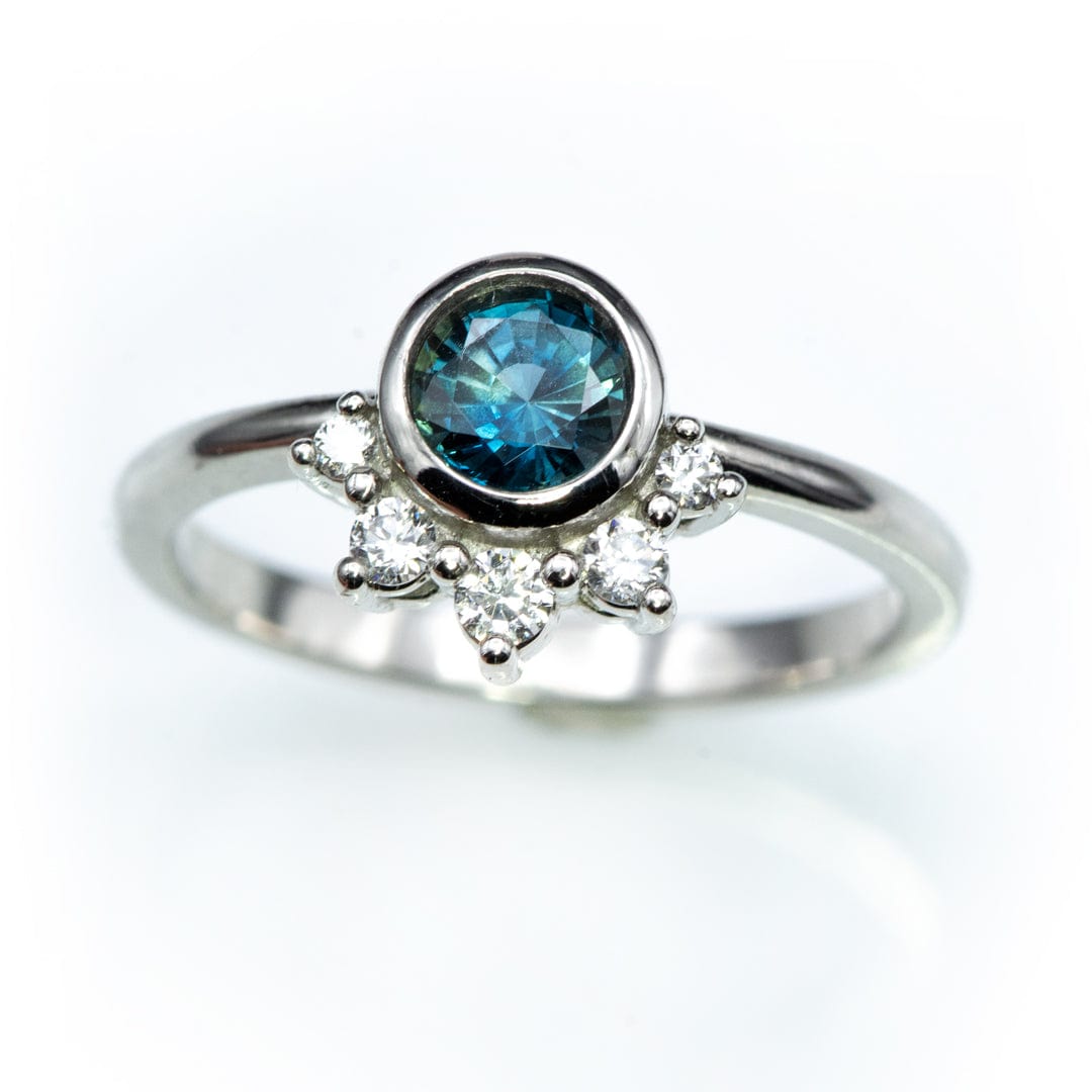 Juno - Bezel Set Round Teal Blue Sapphire Platinum Engagement Ring with Diamond Half Halo Accents Ring Ready To Ship by Nodeform
