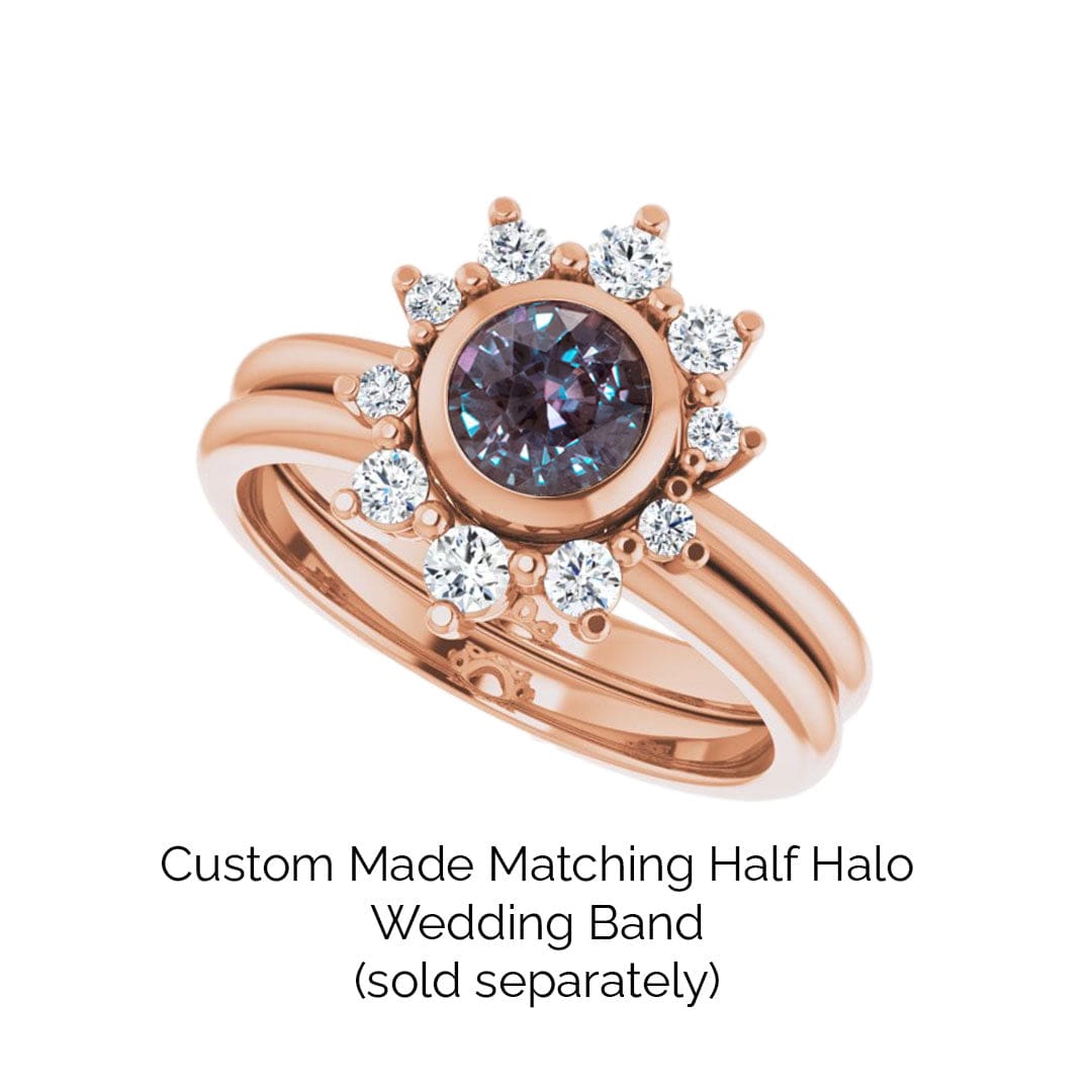 Juno - Bezel Set Round Alexandrite 14k Rose Gold Engagement Ring with Diamond Half Halo Accents Ring Ready To Ship by Nodeform