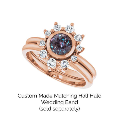 Juno - Bezel Set Round Alexandrite 14k Rose Gold Engagement Ring with Diamond Half Halo Accents Ring Ready To Ship by Nodeform