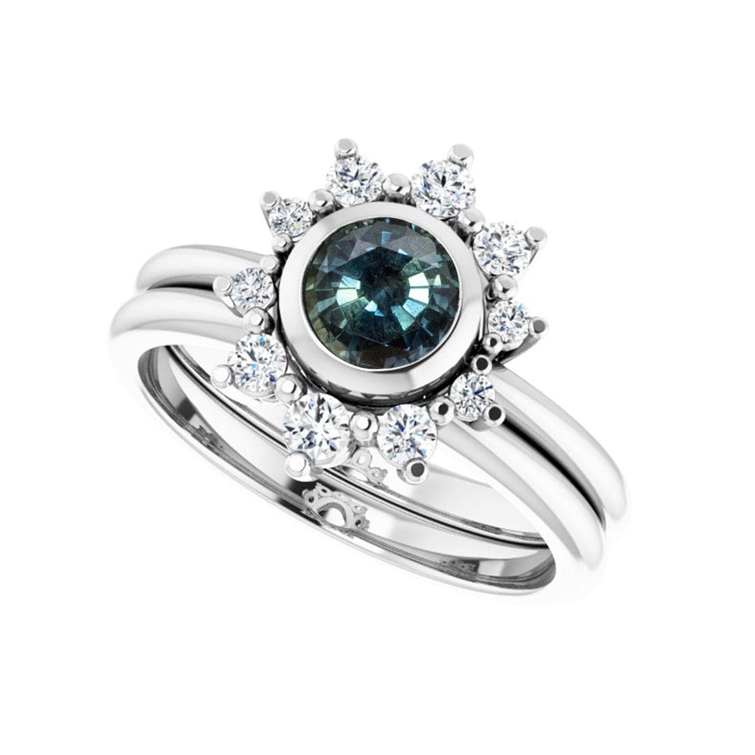 Juno - Bezel Set Round Teal Blue Sapphire Platinum Engagement Ring with Diamond Half Halo Accents Ring Ready To Ship by Nodeform