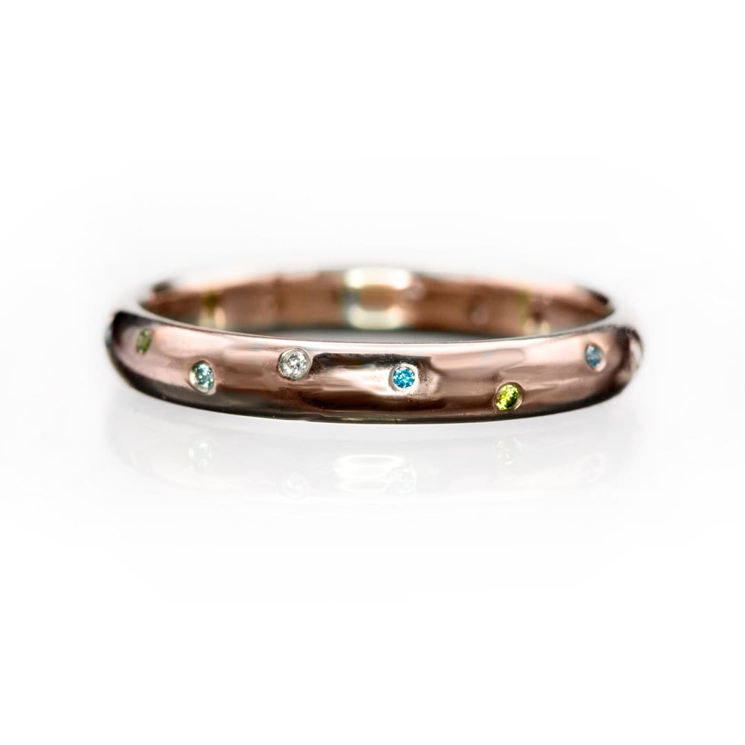 Mariella Band - Narrow Eternity Wedding Ring with white, teal & blue & green diamonds 3mm wide / 14k Rose Gold Ring by Nodeform