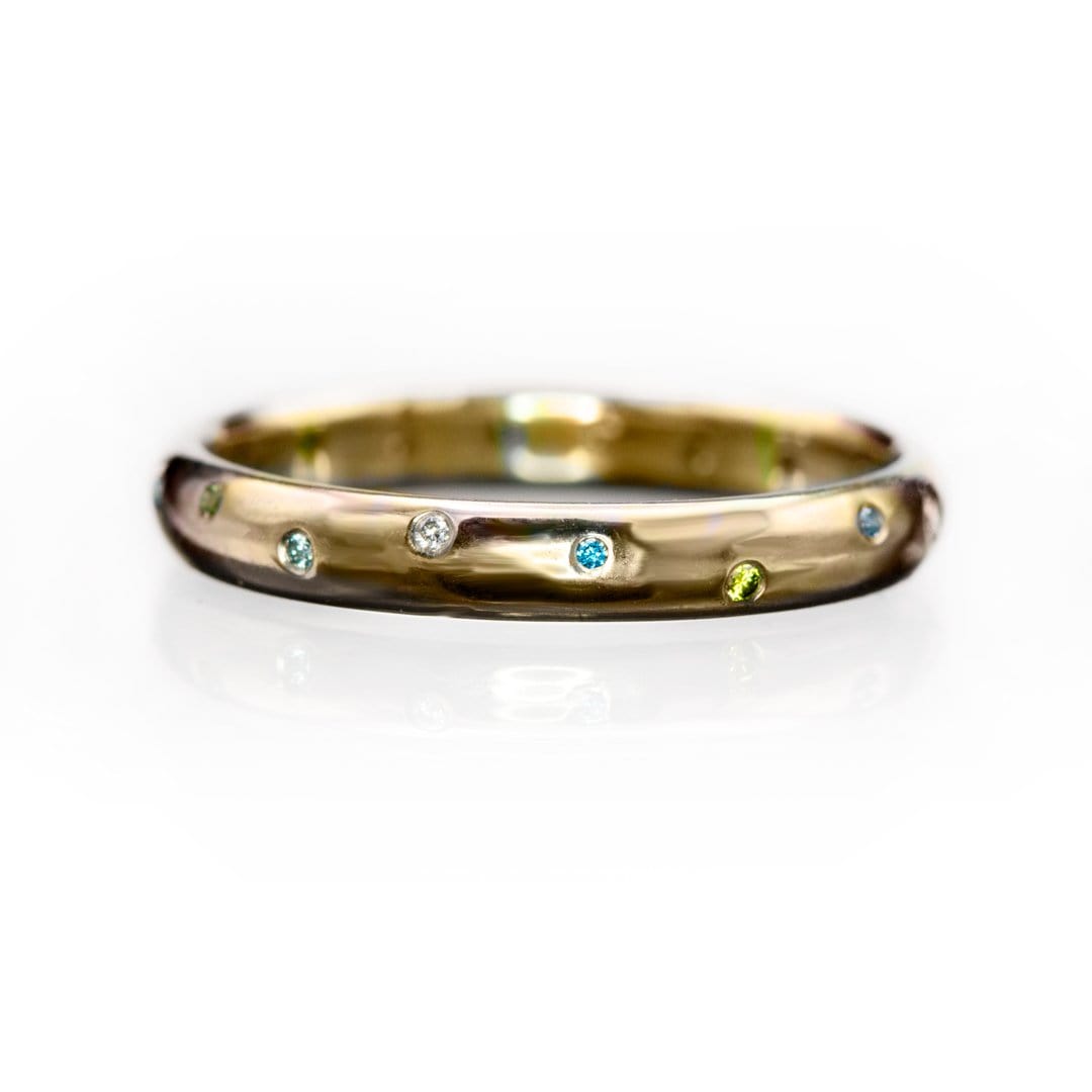 Mariella Band - Narrow Eternity Wedding Ring with white, teal & blue & green diamonds 3mm wide / 14k Yellow Gold Ring by Nodeform