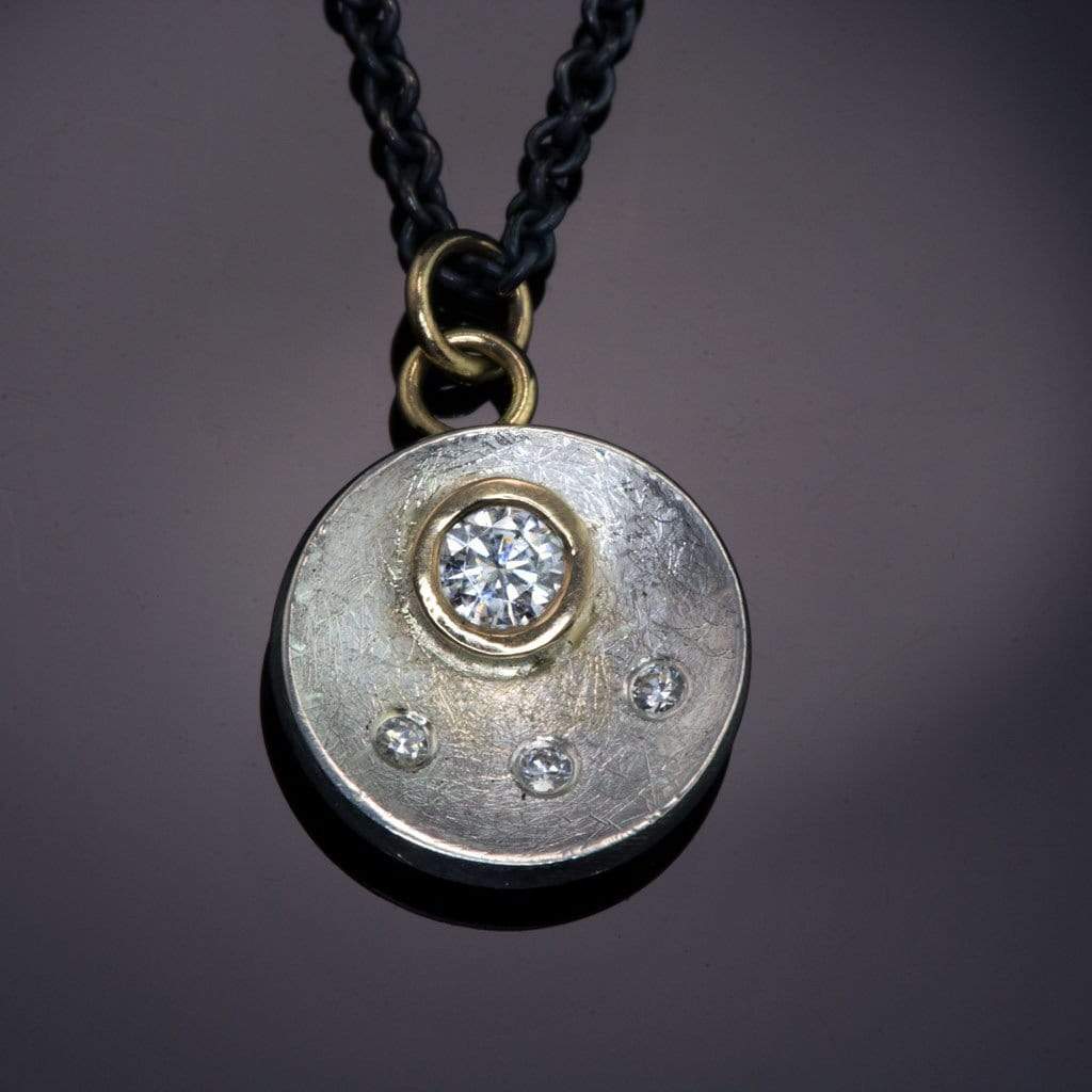 Moissanite Disk Gold Bezel Pendant Necklace, Ready To Ship Black Oxidized Sterling Chain Necklace / Pendant by Nodeform