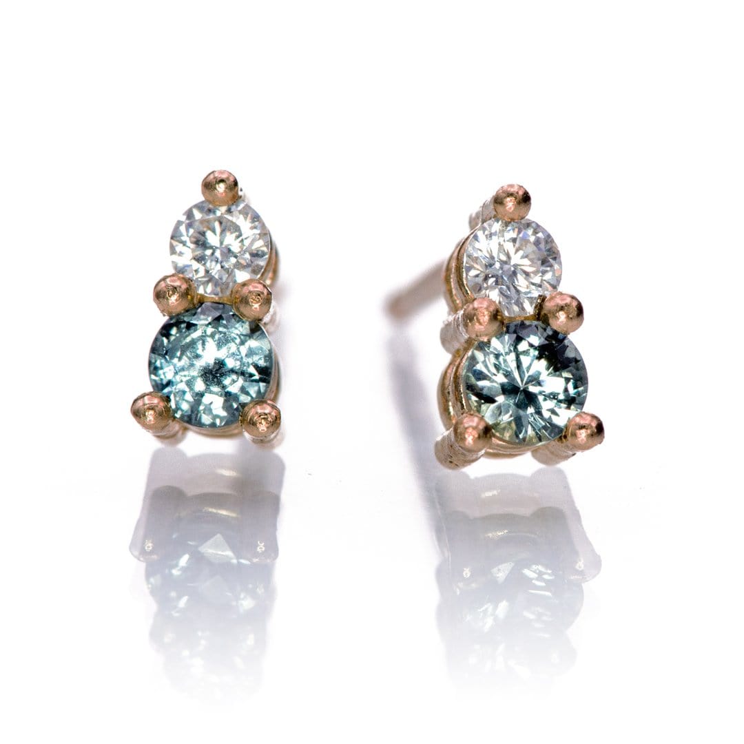 Blue-Green Montana Sapphire & Moissanite 14k gold Stud Earrings 14k Rose Gold Earrings by Nodeform
