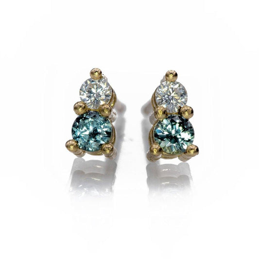 Blue-Green Montana Sapphire & Moissanite 14k gold Stud Earrings 14k Yellow Gold Earrings by Nodeform