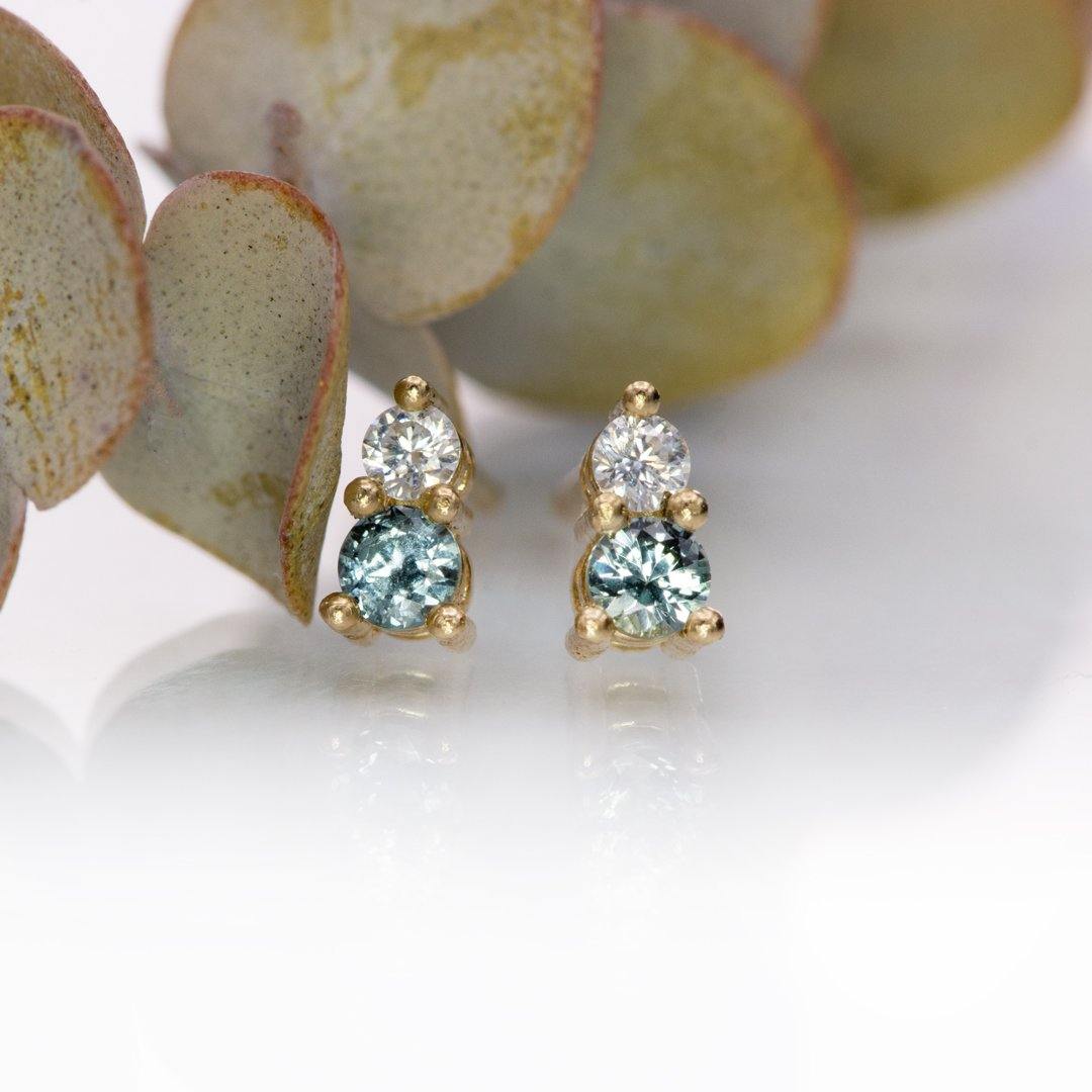 Blue-Green Montana Sapphire & Moissanite 14k gold Stud Earrings Earrings by Nodeform