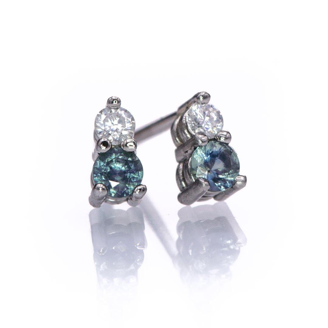 Blue-Green Montana Sapphire & Moissanite 14k gold Stud Earrings 14k White Gold Earrings by Nodeform