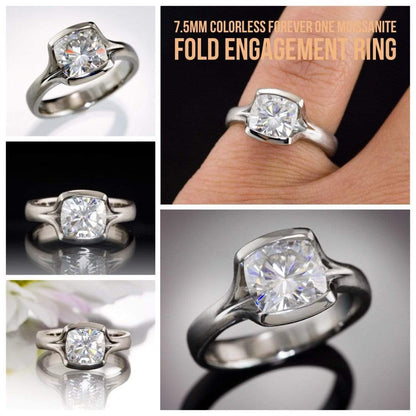 Cushion Cut Moissanite Fold Semi-Bezel Set Solitaire Engagement Ring Ring by Nodeform