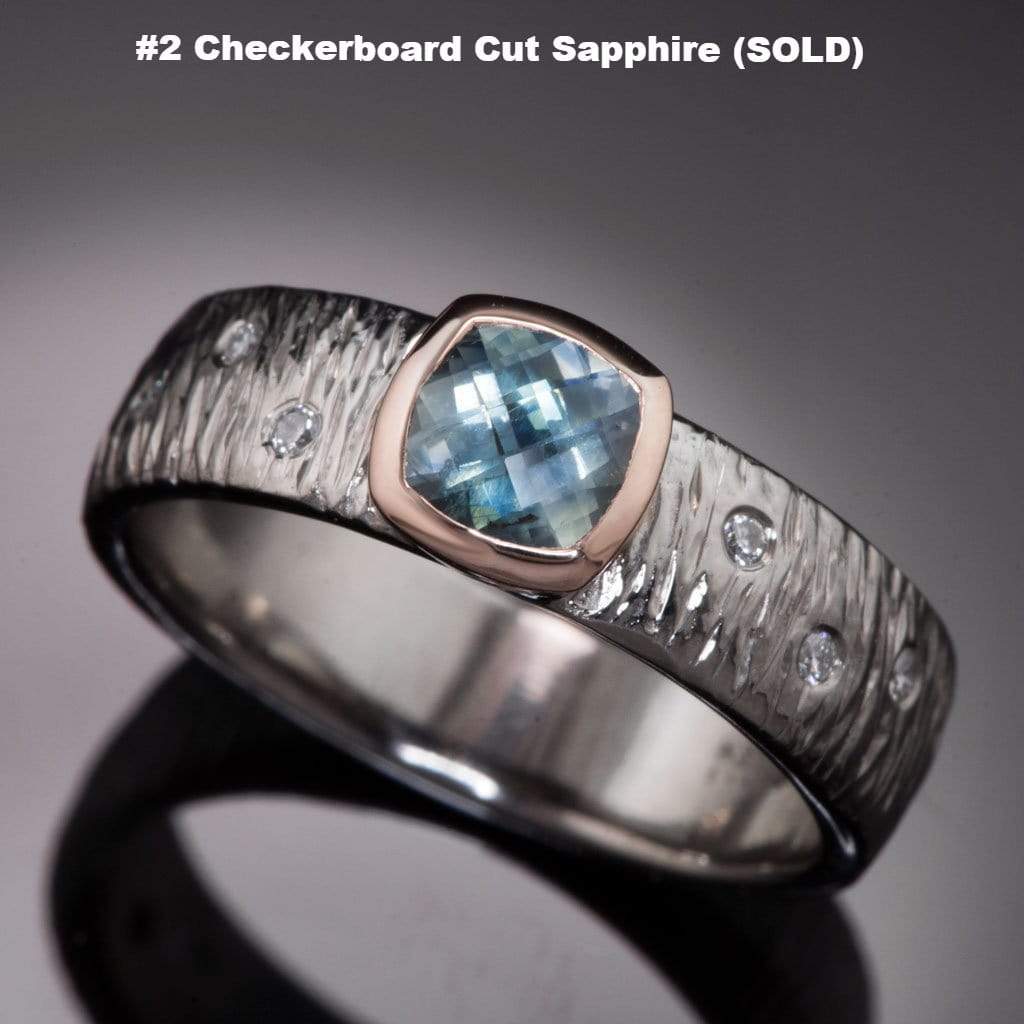 Textured Engagement Ring with Fair Trade Green Cushion Cut Sapphire & Diamonds Accents Ring by Nodeform