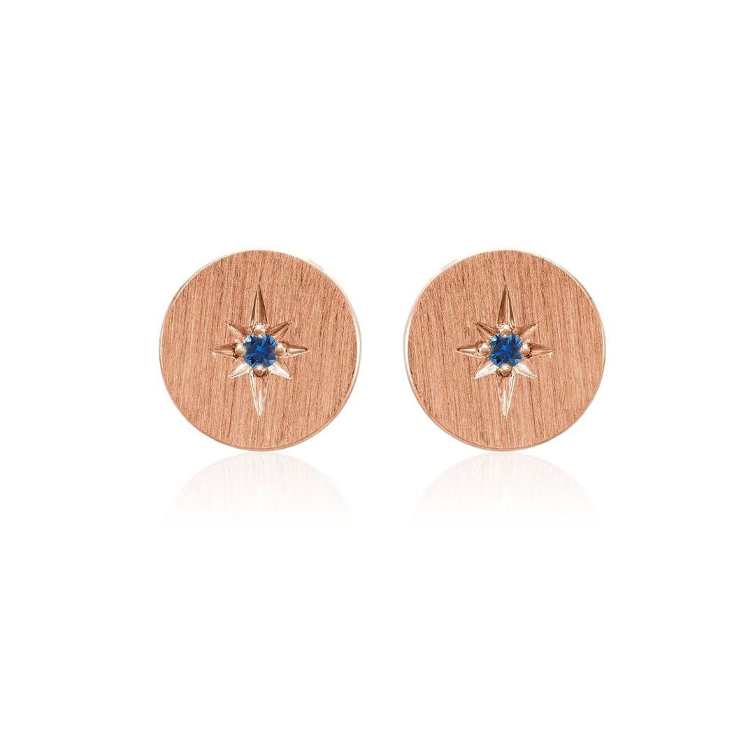 Blue Sapphire Star Set Round Disk Stud Earrings 14k Rose Gold Earrings by Nodeform